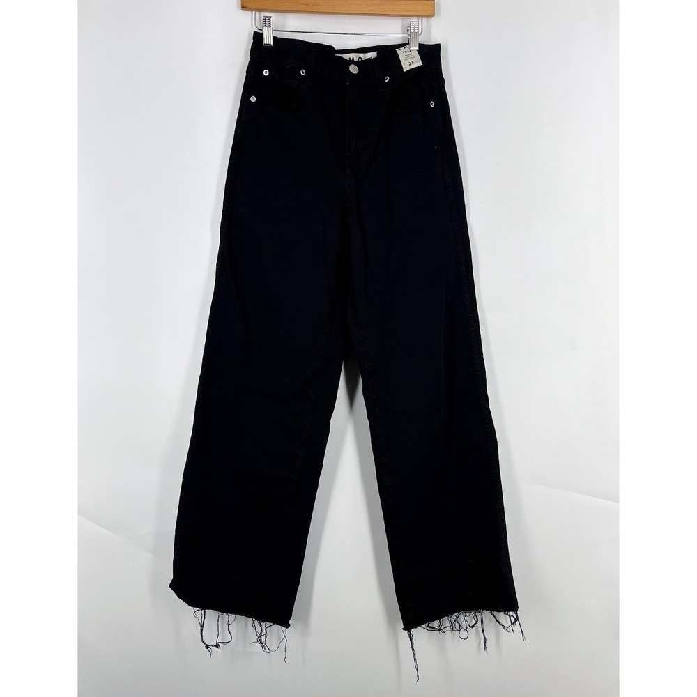 AMO Frida High Rise Wide Leg Jeans Black Raw Hem Long Inseam Size 27 NWOT